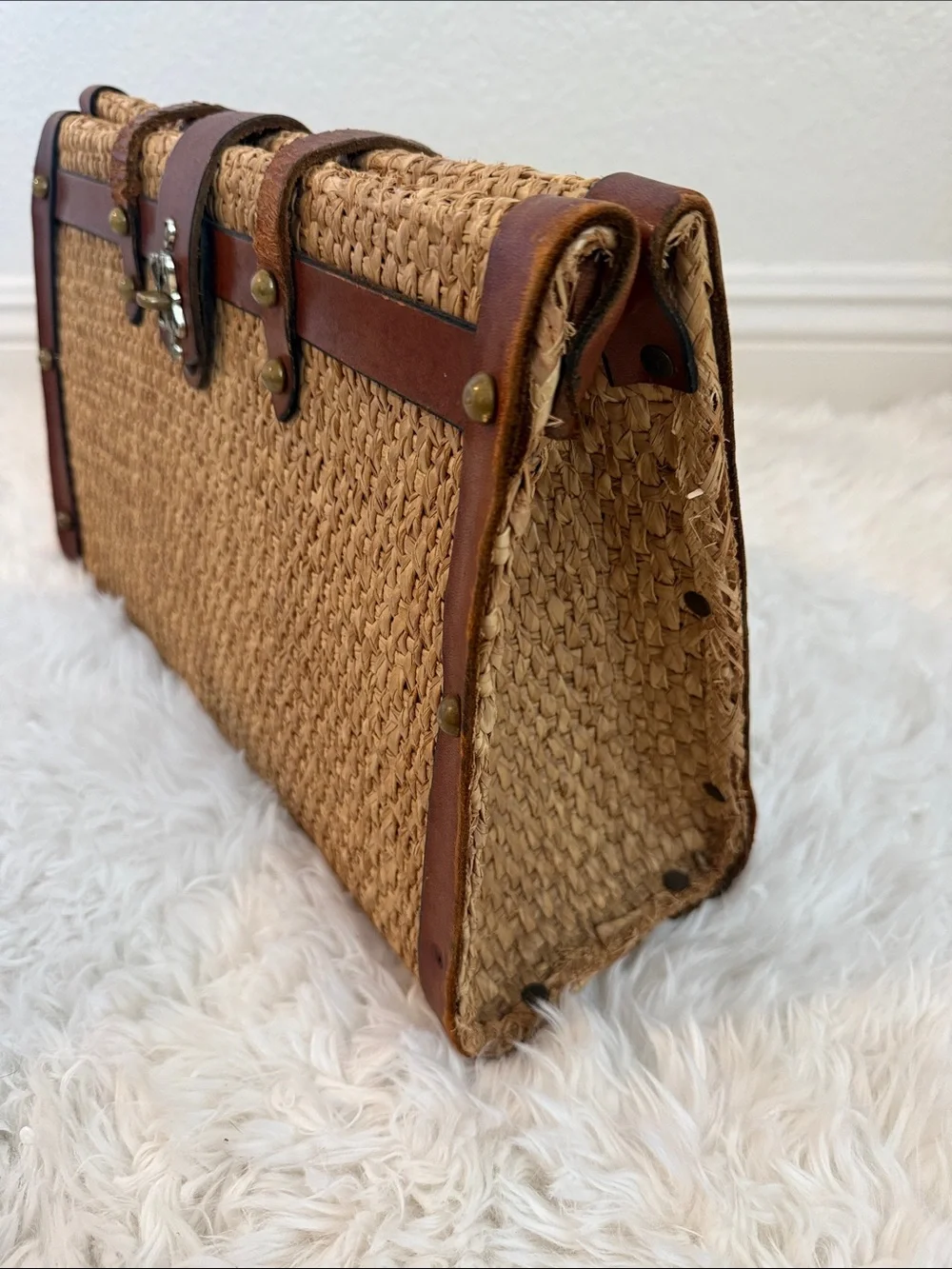 1960’s John Romain Bohemian Straw Attaché Bag  with Brown Leather Trim